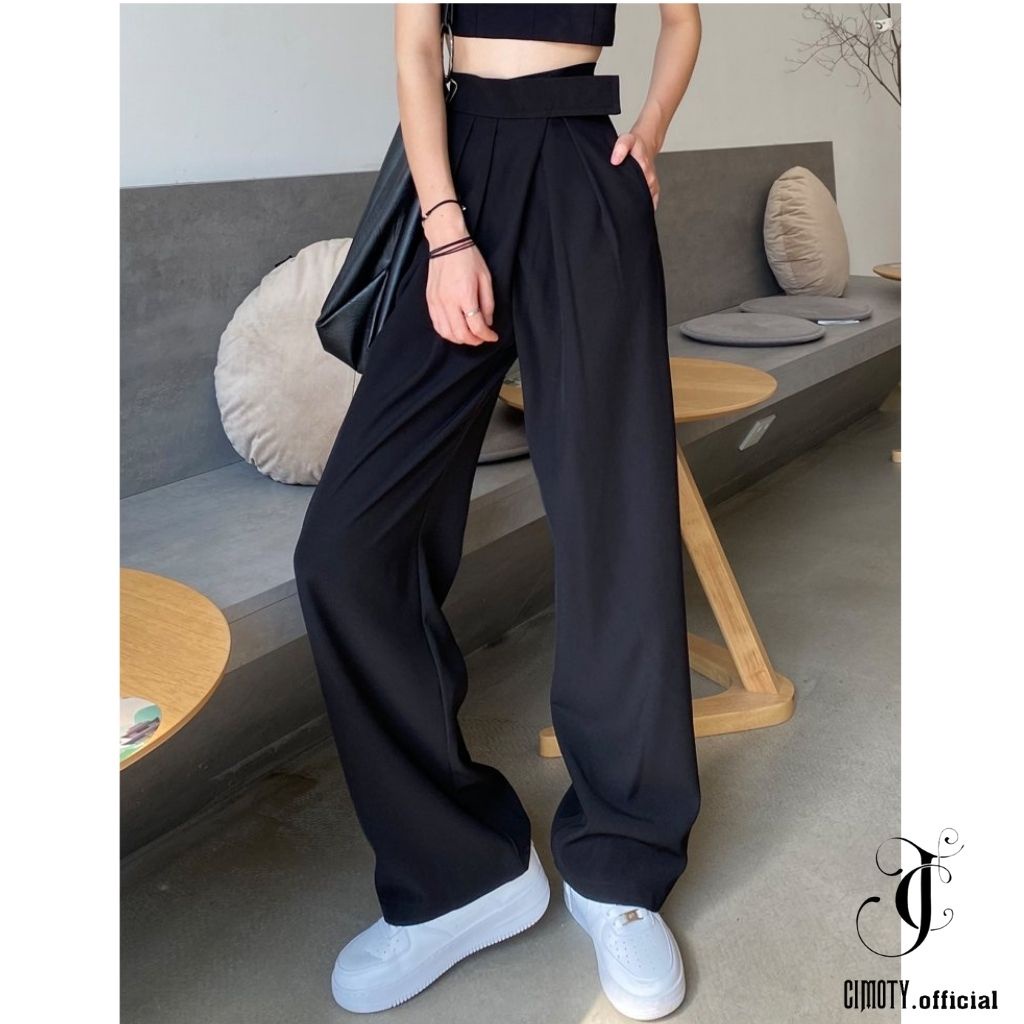 Quần ống rộng CIMOTY quần suông lưng cạp cao ống suông vải nữ dài culottes xuông màu đen , nâu , xám QD02