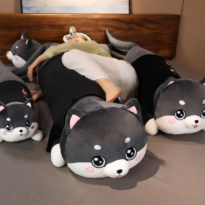 AIXINI ❤80cm/100/120cm Funny Dressed Husky Stuffed Doll Black Clothes Soft Husky Lying Plush Toy Black Dog Animals Kids Birthday Gift