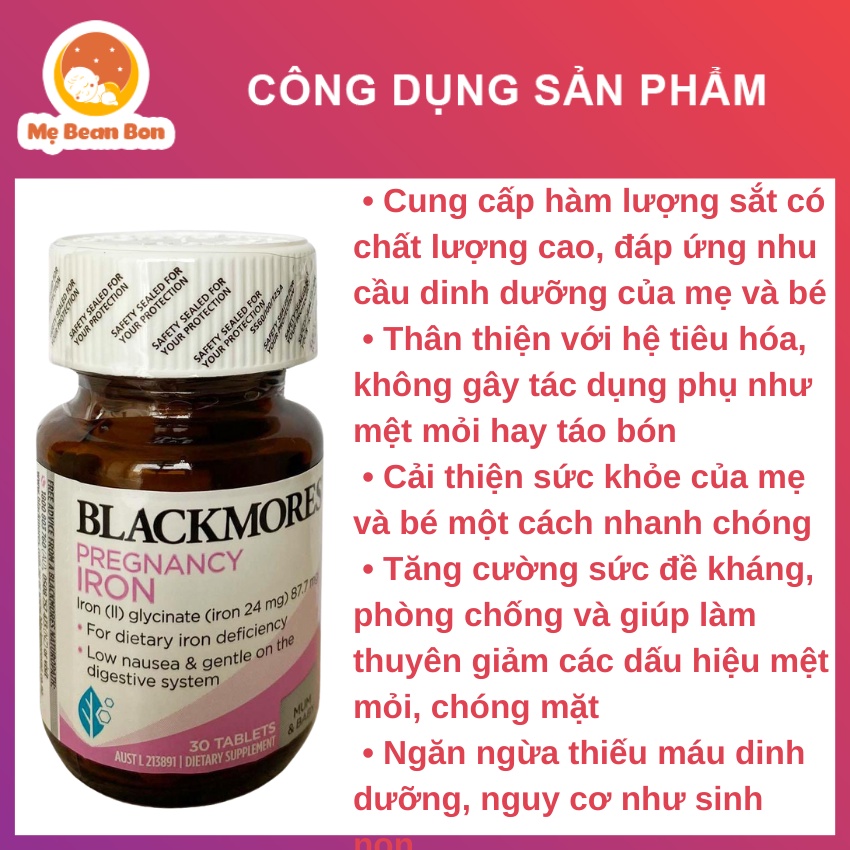 Viên Sắt Cho Bà Bầu Blackmores Pregnancy Iron của Úc 30 viên phòng Ngừa Thiếu Máu Không Gây Táo Bón tốt cho mẹ và bé