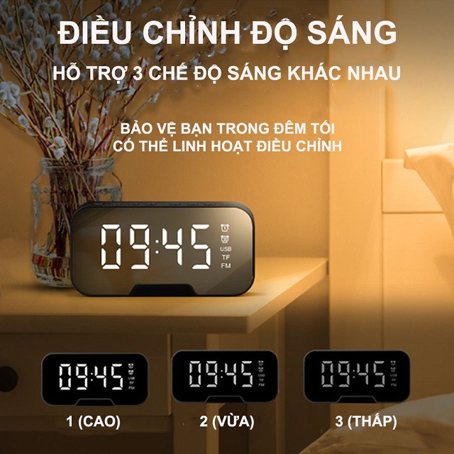 Loa Bluetooth Di Động Có Mặt Gương Tích Hợp Đồng Hồ Báo Thức, Có Khe Cắm Thẻ Nhớ