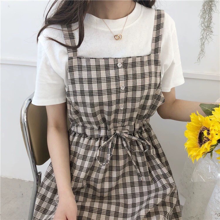 V002 Váy yếm kẻ 2 dây buộc eo ulzzang nhẹ nhàng nữ tính, Đầm bầu caro dáng dài Hàn Quốc cute dễ thương trẻ trung vintage | BigBuy360 - bigbuy360.vn