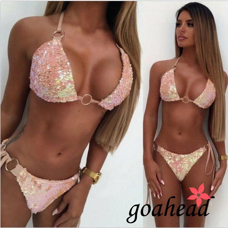 Bikini 2 mảnh nữ đính kim sa lấp lánh quyến rũ kèm mút lót nâng ngực dành cho nữ