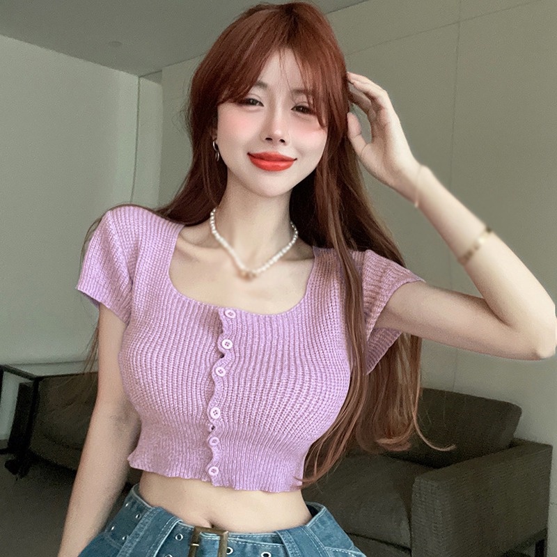 Áo Croptop Dệt Kim Tay Ngắn Màu Sắc Trơn Phong Cách Hàn Quốc Thời Trang Cho Nữ