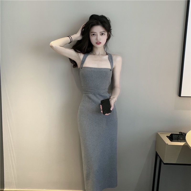 Bộ đầm dệt kim hai dây + áo khoác cardigan dệt kim thời trang xuân thu mới 2021