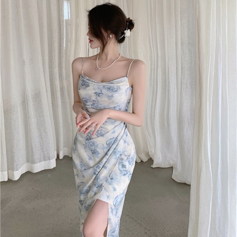 Đầm Lửng Hai Dây Xẻ Tà In Họa Tiết Hoa Thời Trang Mùa Hè Chất Lượng Cao Cho Nữ