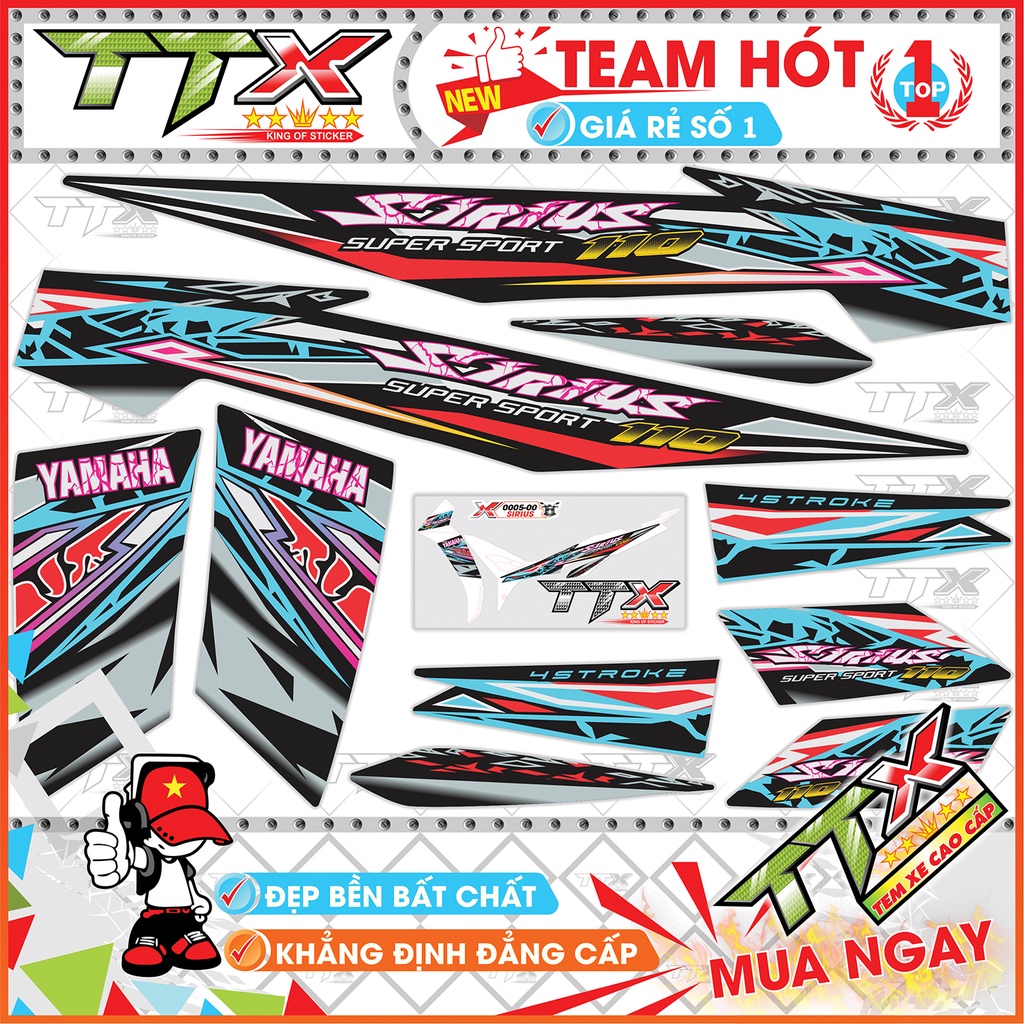 Tem rời sirius 110 tia chớp , Team chế sirius dán xe màu xanh nền đen tuyệt đẹp , Shop TTX Tem xe sirius mã