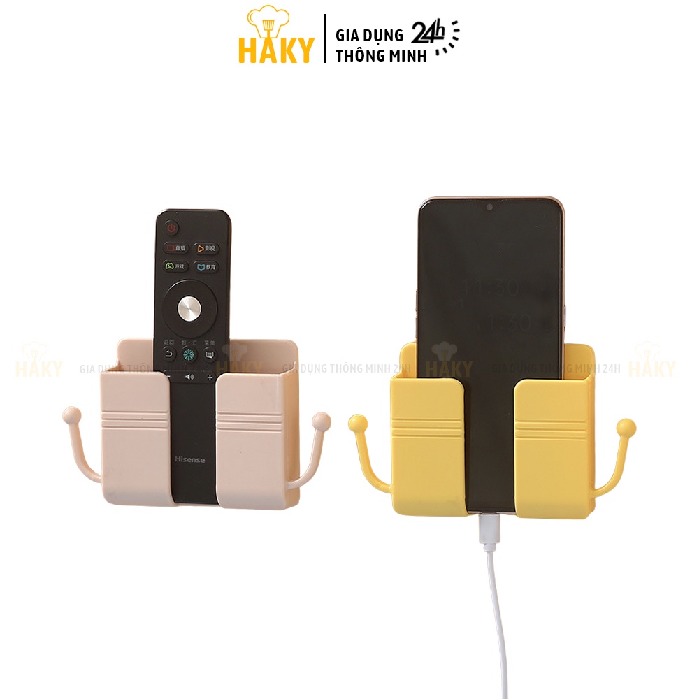 Giá đỡ dán tường để remote, sạc điện thoại có móc treo dây sạc, chìa khóa gọn gàng HAKY004, keo dán chắc, chịu lực &lt;2kg