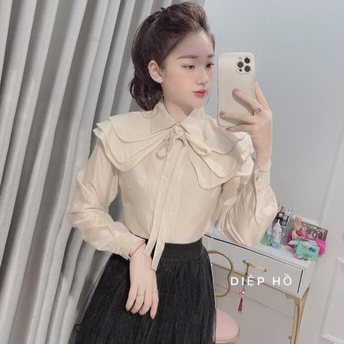 Áo sơ mi cổ đức bèo vai tầng nơ ngực
