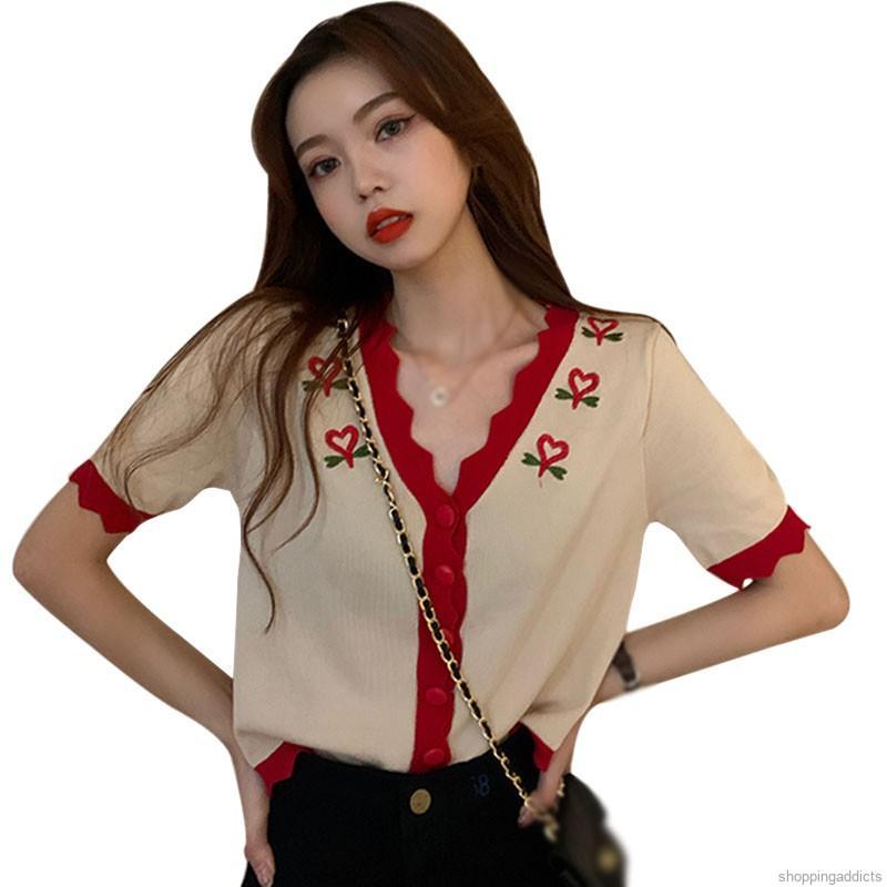 Áo Cardigan Dệt Kim Cổ Chữ V Hoạ Tiết Trái Tim Màu Tương Phản Trẻ Trung Cho Nữ | BigBuy360 - bigbuy360.vn