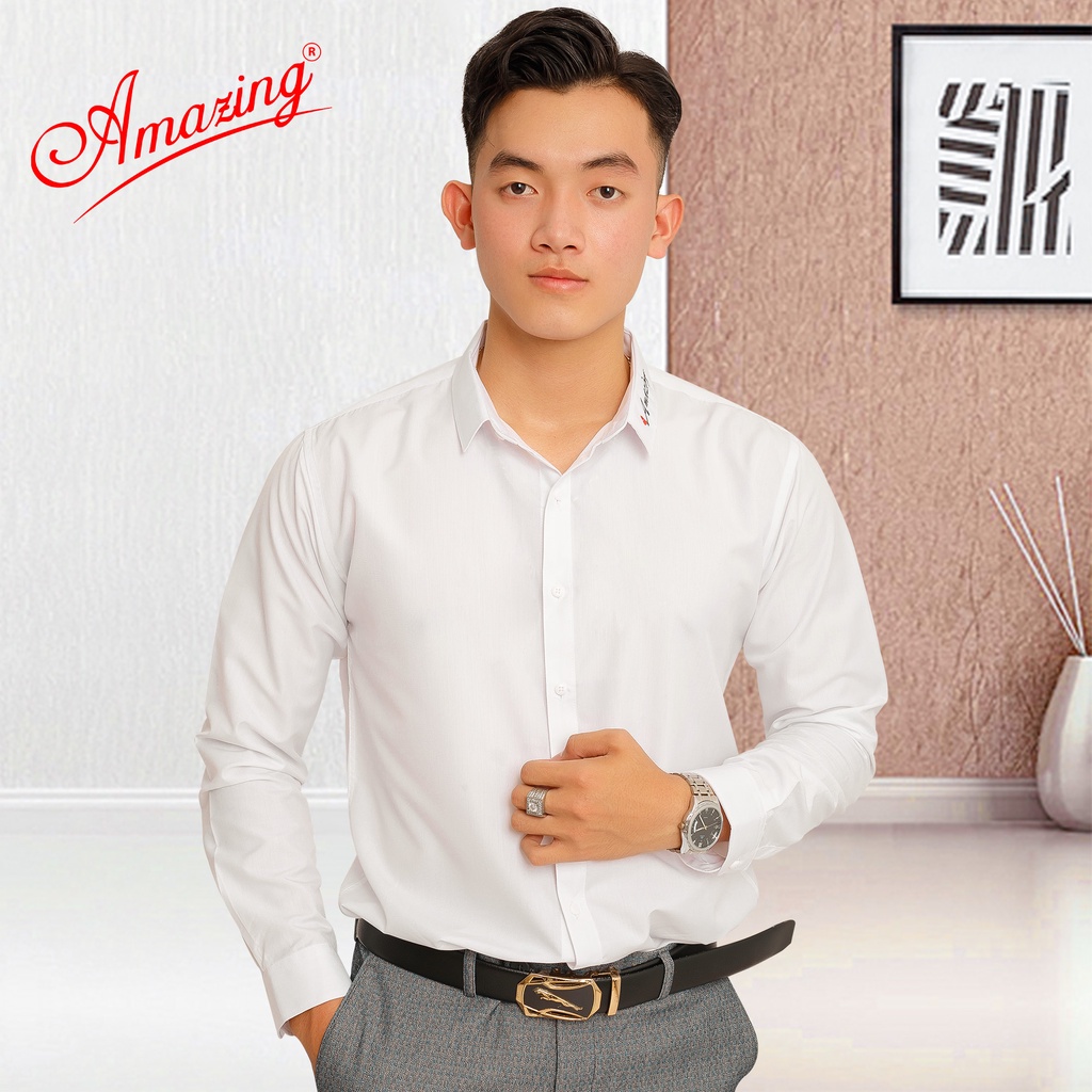 Áo sơ mi thêu logo Amazing, màu đen và trắng thanh lịch, vải bamboo mềm mịn, form body Hàn Quốc tôn dáng