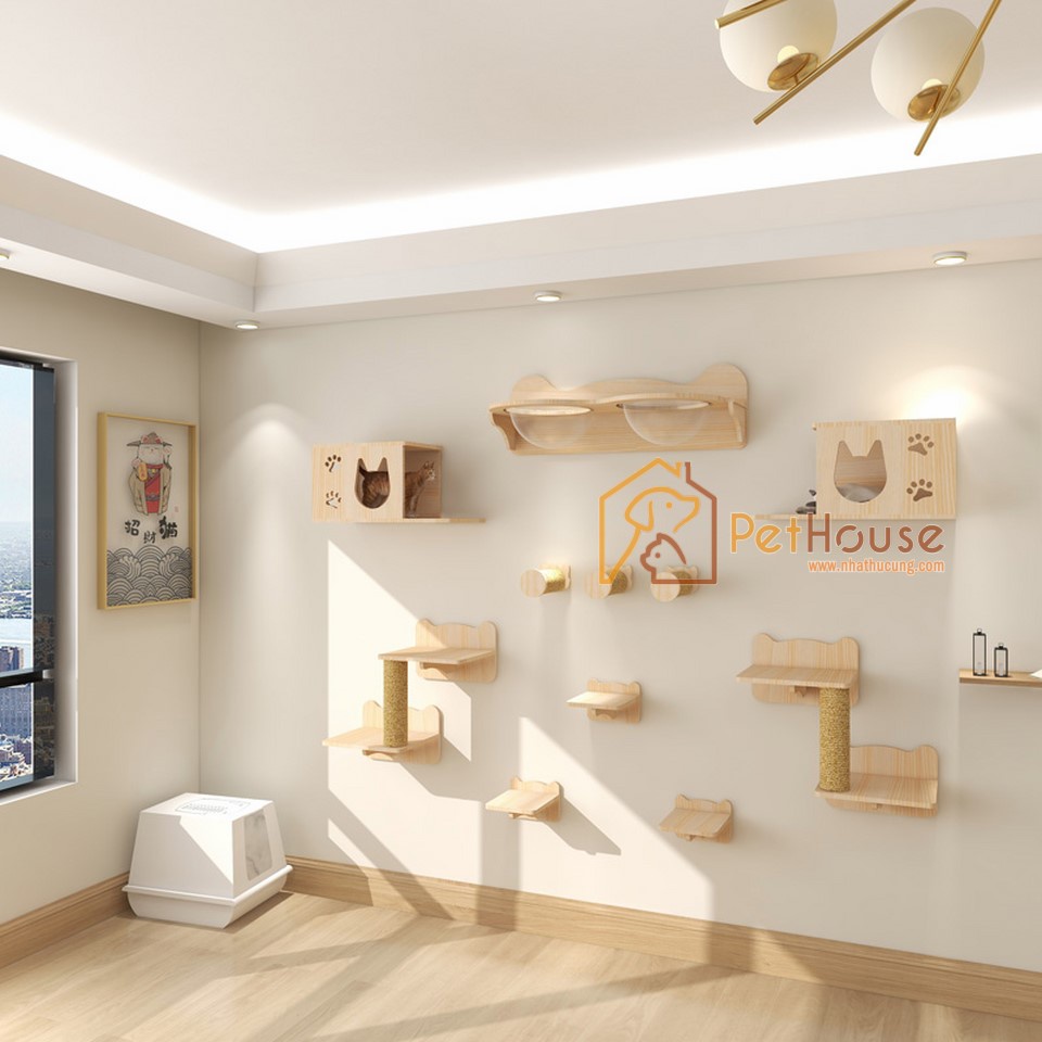 Khu vui chơi liên hoàn cho mèo 6 chi tiết chất liệu gỗ thông tự nhiên pethouse