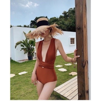Bikini đồ bơi liền thân hở lưng vạt dài buộc eo thon gọn mặc nhiều kiểu KONKUN MS103