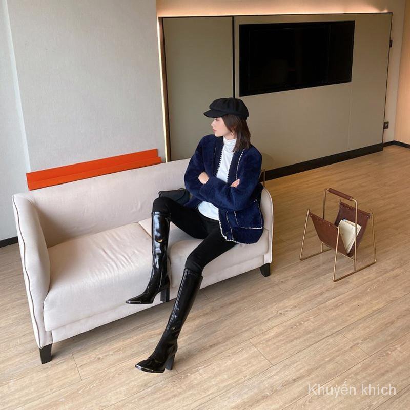 Giày bốt cao gót da bóng mũi vuông co giãn thời trang dành cho bạn nữ