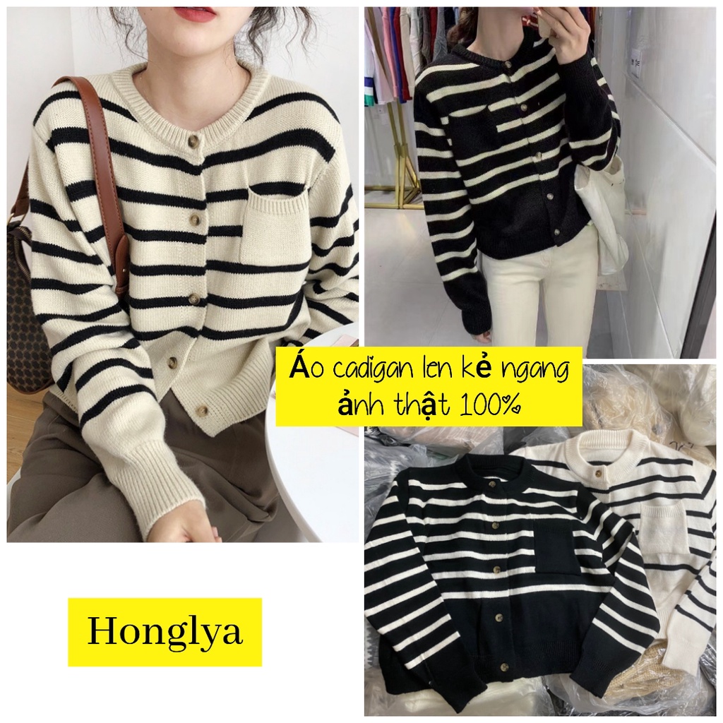 Sẵn hàng - Áo cadigan len phối khuy kẻ ngang cổ tròn dáng basic