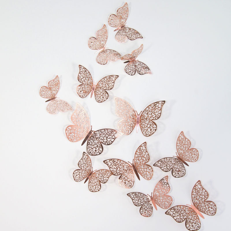 Set 12 Miếng Dán Tường Hình Bướm 3D Rỗng Màu Vàng/Bạc Trang Trí Phòng Khách/Đám Cưới