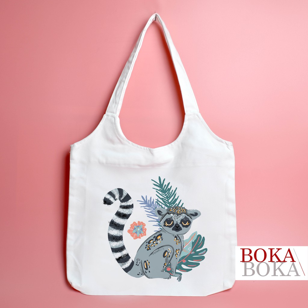 Túi Tote Vải Canvas Quai Tròn In Hình Con Vật Madagasca Có Khóa Miệng Túi