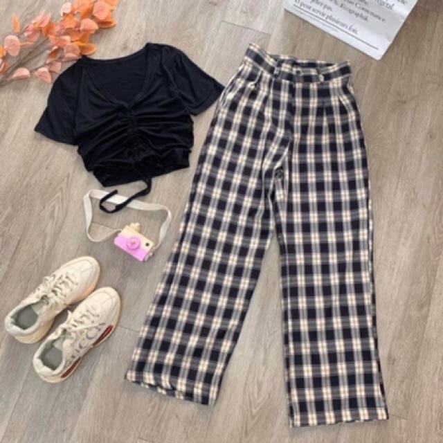 Bộ áo rút dây + quần kẻ xuông HSN876