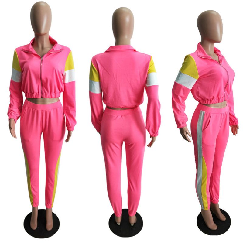 Xiabao Bộ Đồ Thể Thao Dài Tay Phối Màu Khối Kẻ Sọc 2 Màu Có Khóa Kéo Cho Nữ