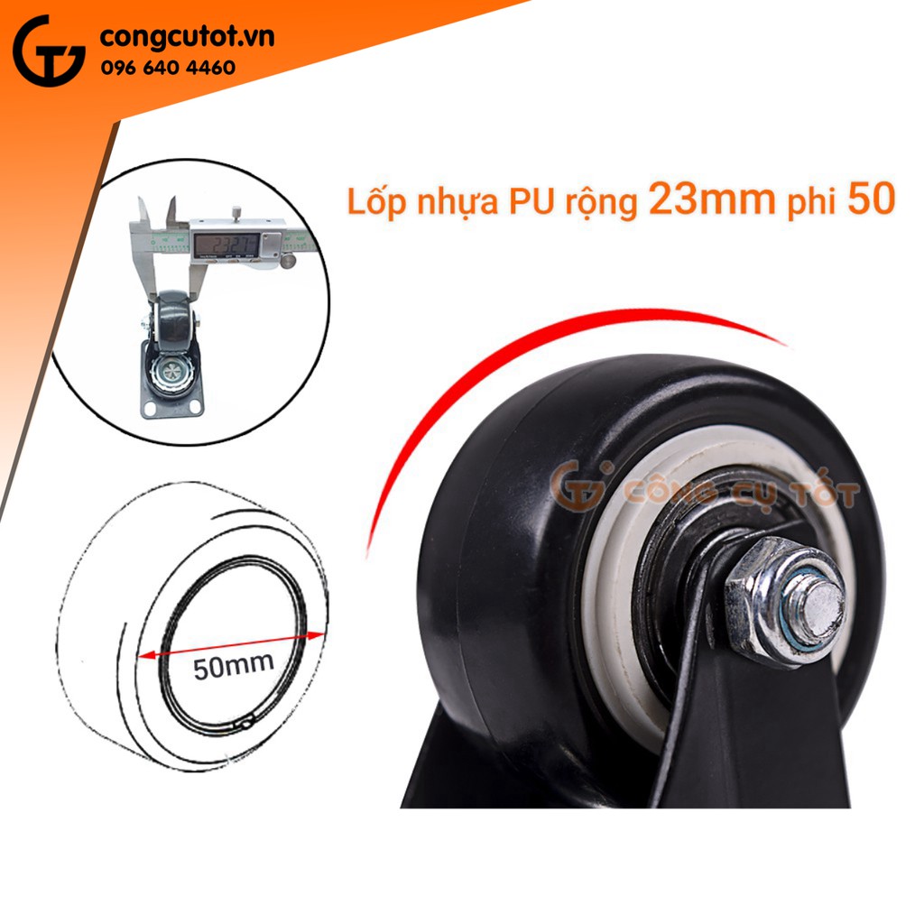 Bộ 4 Bánh xe đẩy hàng tổng tải 140kg xoay 360 độ lốp PU đen hãm sau Φ50mm