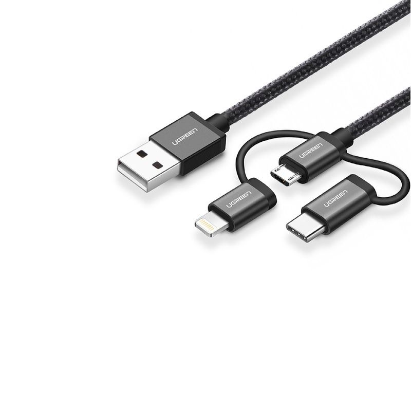 Cáp sạc và dữ liệu USB A sang micro + lightning + type c US186 Ugreen 80326 1M có chip MFI màu đen
