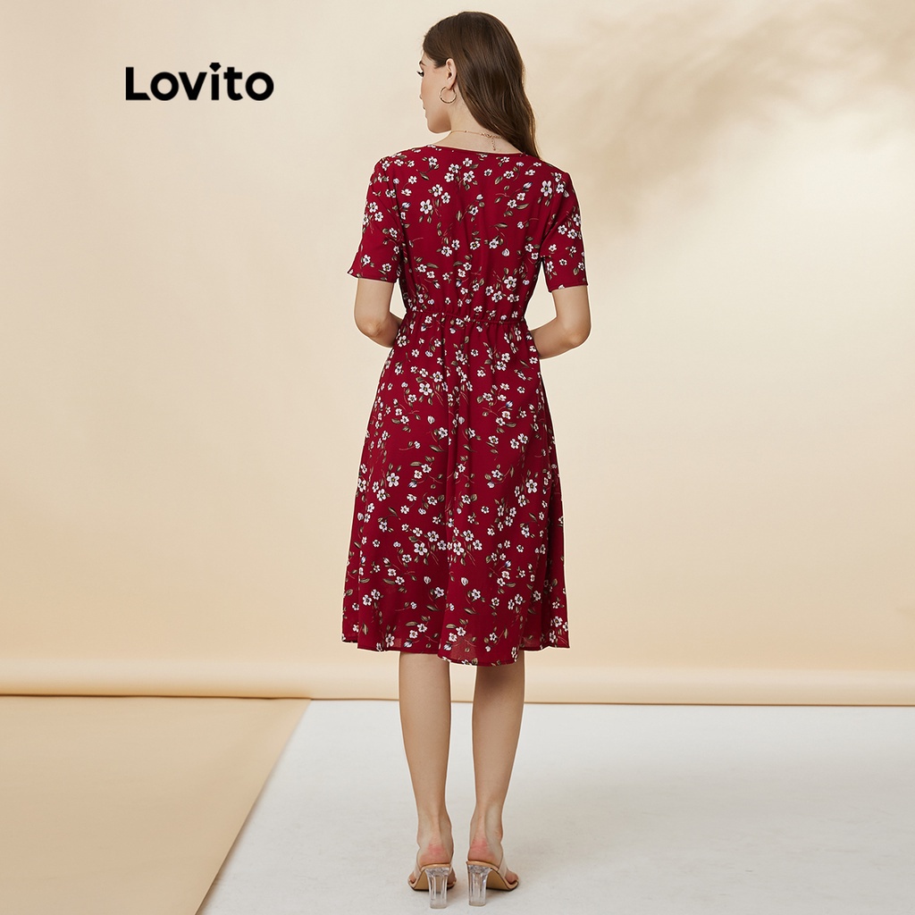 Đầm Lovito thường ngày in hoa tôn dáng cổ chữ V mùa hè L19D425 (màu đỏ)
