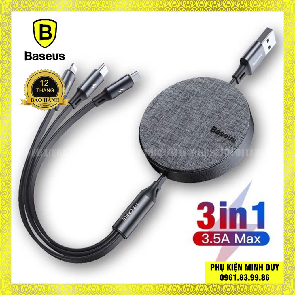 Cáp sạc dây rút Baseus Fabric 3 in 1 Flexible Cable tích hợp 3 đầu Type-C/Micro USB/Lightning 3.5A, 1.2M  ❤