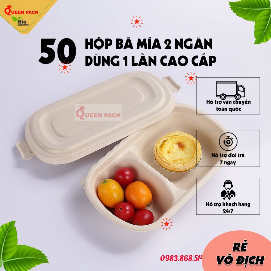 SET 50 Hôp bã mía 2 Ngăn Kèm Nắp Rời Bã Mía/Nhựa PET đựng đồ ăn dùng 1 lần, dùng cho nhà hàng quán ăn khách sạn