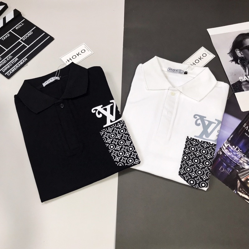 Áo Polo nam cổ bẻ, áo thun nam hoạ tiết L.V đen trắng form ôm dáng chất vải thun lạnh cotton mát mẻ