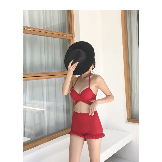 Bikini áo chéo eo nâng ngực mix quần cao short bèo