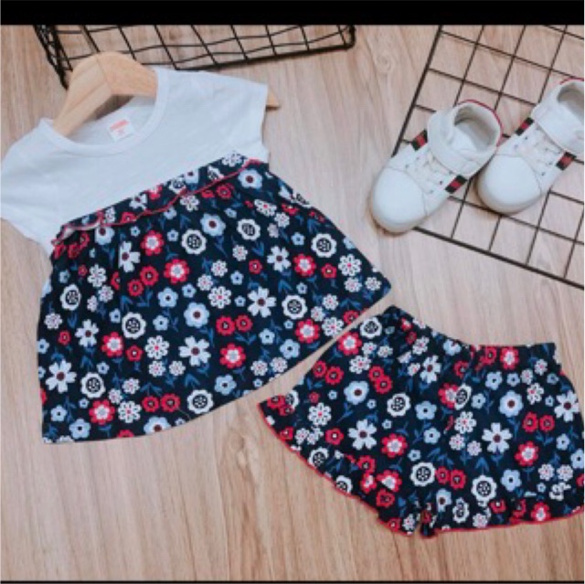 Bộ cotton 4c cộc tay bánh bèo bé gái 8-21 kg