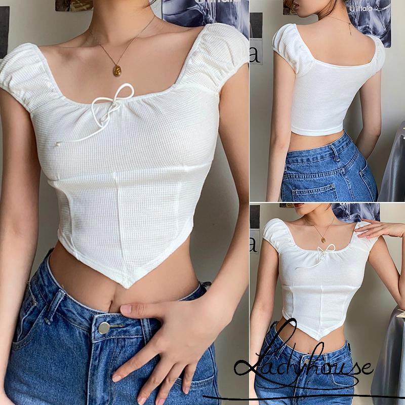 Áo Croptop Trễ Vai Tay Phồng Màu Sắc Đơn Giản Dành Cho Nữ