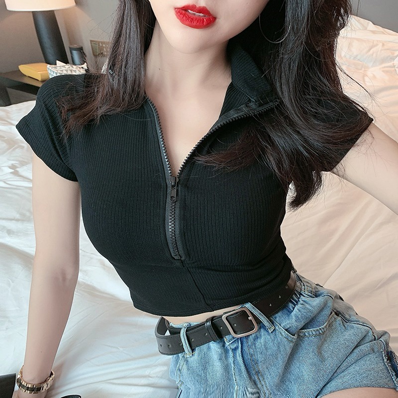 Áo Dệt Kim Ngắn Tay Cổ POLO Lưng Cao Thời Trang Quyến Rũ