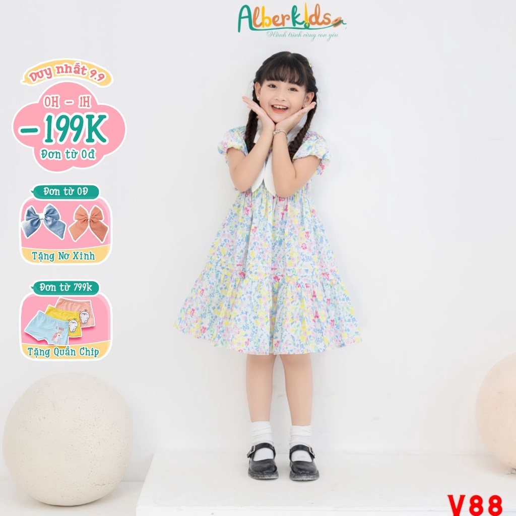 Váy bé gái ALBERKIDS Liin Dress hoạ tiết hoa cổ nơ công chúa cho trẻ em từ 2,3,4,5,6,7,8,9,10 tuổi [V88]