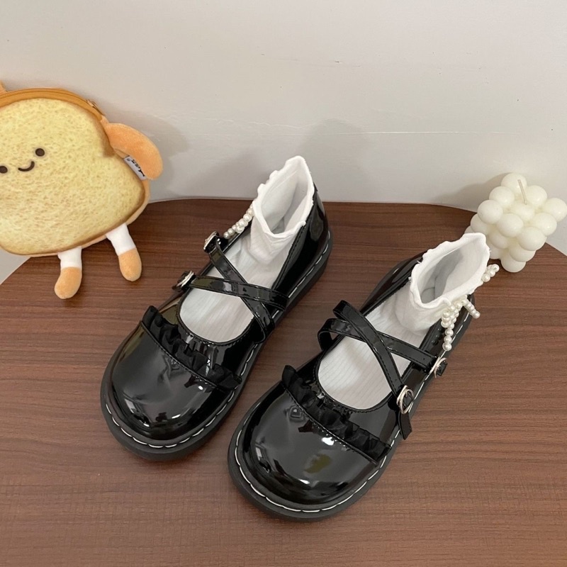 GIÀY LOLITA DA BÓNG MŨI TRÒN DÂY CHÉO KHUY CÀI PHONG CÁCH ANH QUỐC