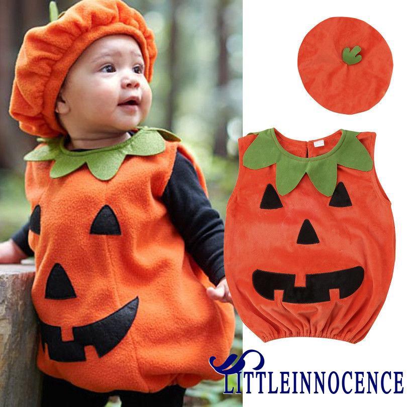 .Nn-baby 2 chiếc trang phục halloween, không tay cổ tròn nút sau bí ngô áo dài rời + mũ beanie co giãn