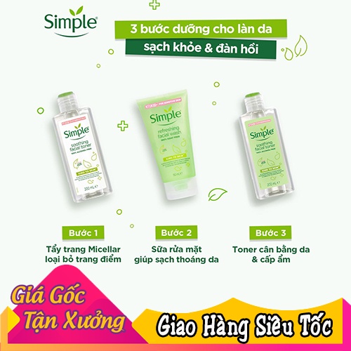 Bộ làm sạch da Simple , Tẩy Trang + Sữa Rửa Mặt + Nước Hoa Hồng Chính Hãng