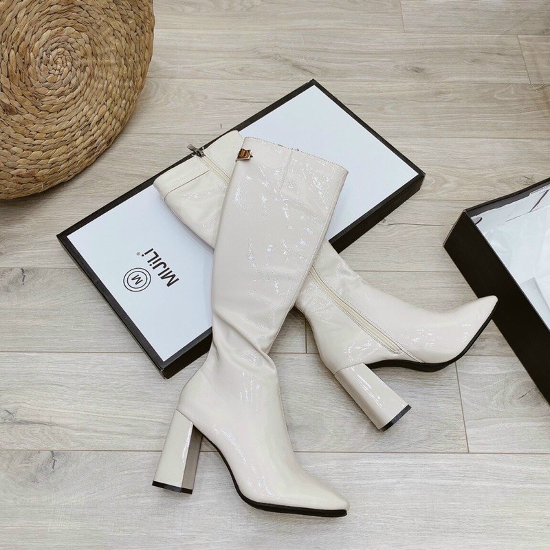 Boot da đùi khoá cạnh da bóng đen trắng sữa | BigBuy360 - bigbuy360.vn