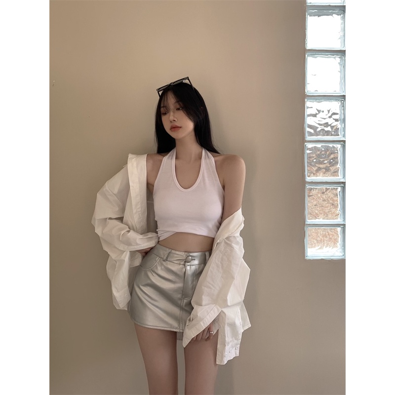 Cocory vn Set Áo Dây Nữ Cộc Tay + Chân Váy Lưng Cao Thời Trang Hàn Cho Nữ