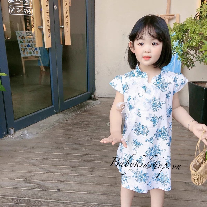 Sườn xám cho bé gái ,hoa nhí hàng Quảng Châu CAO CẤP ,thắt nơ xinh xắn dễ thương,dáng cách tân cúc thắt nơ sang xịn