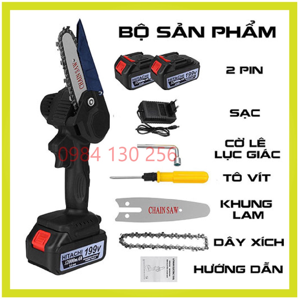 Máy cưa xích dùng pin cầm tay Hitachi 199V- Máy cưa xích Hitachi- Cưa xích chạy pin- Pin 10 cell - Lõi đồng