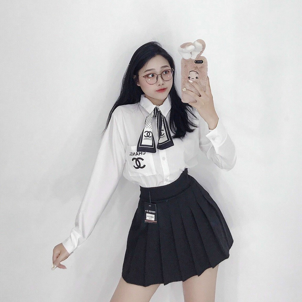 áo sơ mi đính nơ có túi xinh xắn tay dài