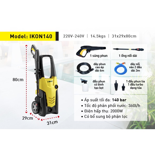 Máy rửa xe phun áp lực nước Lavor, mô tơ cảm ứng từ IKON140 - Hàng chính hãng