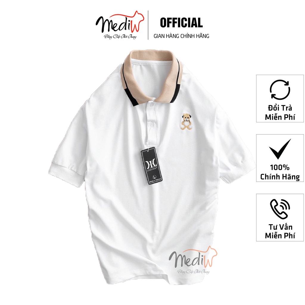 Áo Polo Thêu Gấu Chất Liệu Cotton Màu Trắng _DT135_Phong Cách Hàn Quốc