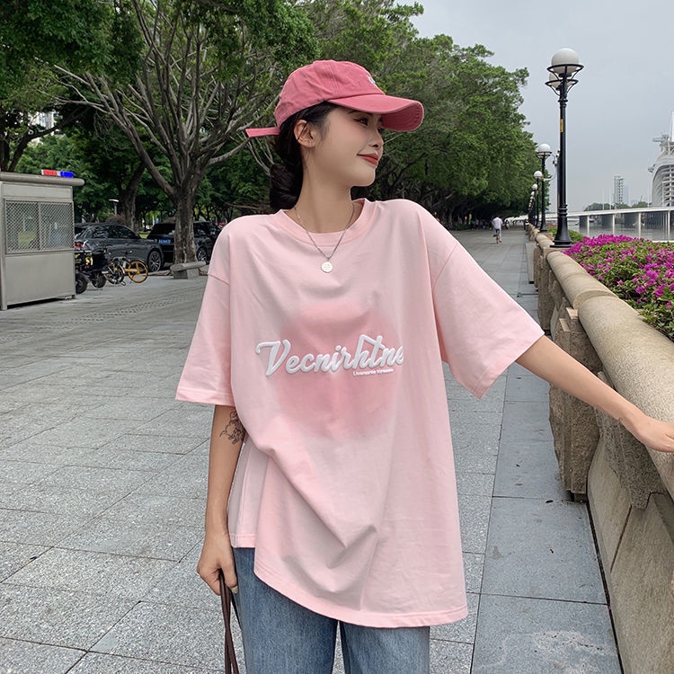 COZOK Áo Thun Tay Ngắn Dáng Rộng Màu gradient In Chữ Phong Cách Hàn Quốc