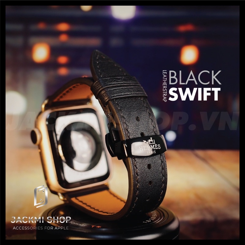 [BẢO HÀNH 1 NĂM] Dây Da BÊ SWIFT may tay thủ công màu Đen khoá Bướm cho Apple Watch series 1/2/3/4/5/6/7