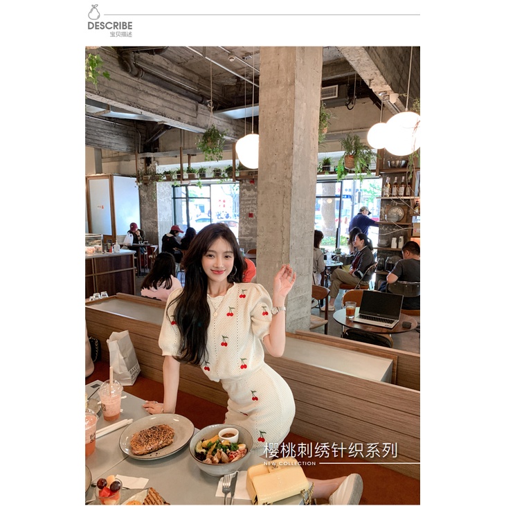 DUNEA Set đồ gồm áo dệt kim cổ chữ V thêu hình trái cherry + chân váy thời trang gợi cảm