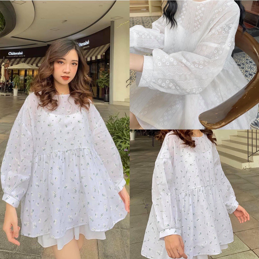 Áo babydoll hoa thêu chỉ nổi dáng rộng siêu xinh