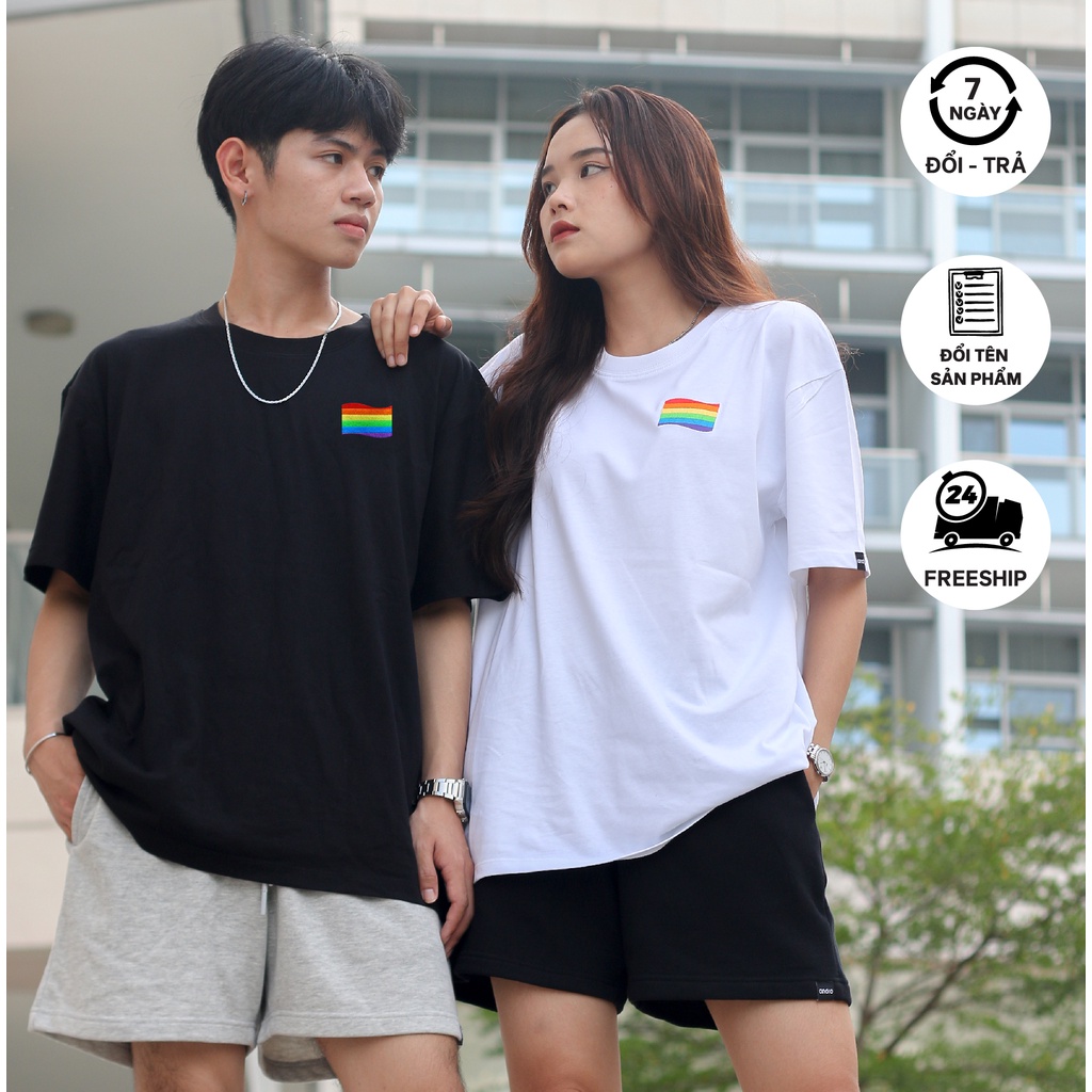 Áo Thun Thêu Lá Cờ LGBT Cầu vồng Unisex Nam Nữ, Cotton dày dặn, Form rộng Freesize tay lỡ cho Gay, Lesbian