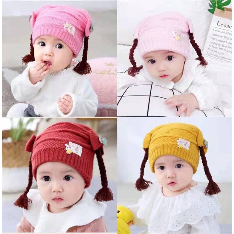 Mũ len cho bé hàn quốc tóc giả bím tóc tết dễ thương cho bé nhiều màu JIMADO S751