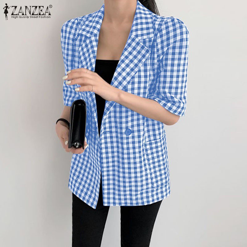 Áo khoác vest ZANZEA tay dài họa tiết sọc caro dạng nút cài thời trang cho nữ | BigBuy360 - bigbuy360.vn